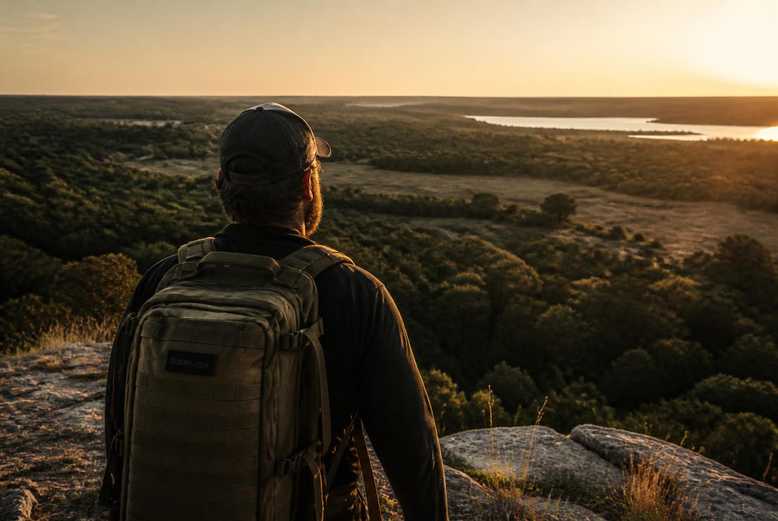 A man carrying a weighted ruck stands on a limestone escarpment looking out over North Texas woodland at sunrise