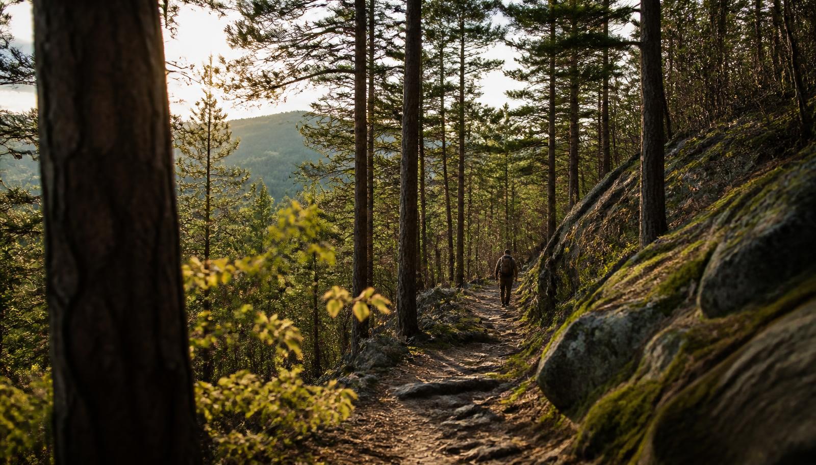 A lone hiker with a ruck pack walks a rocky ridge trail through tall pines in the Ouachita National Forest, Arkansas, at golden hour