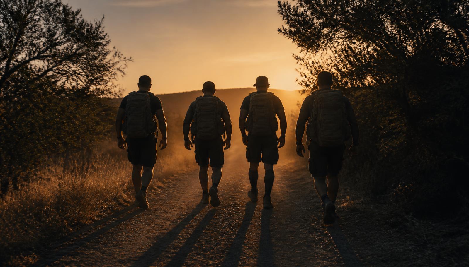 Four men carrying ruck packs walk away down a dirt trail into a North Texas sunset